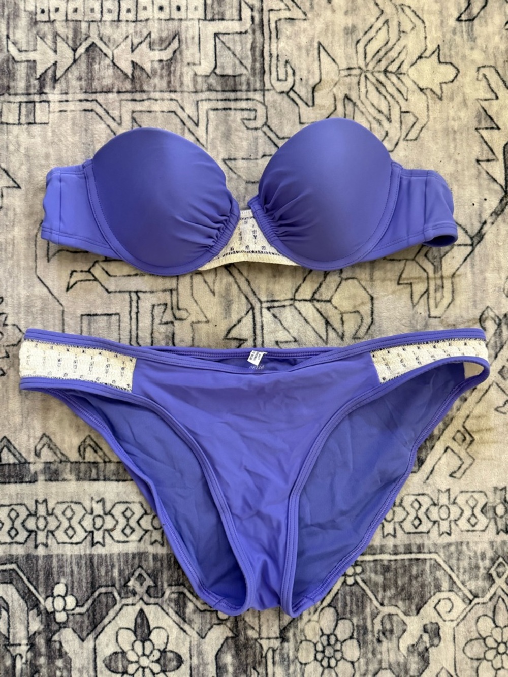 Aerie Swimsuit 36A push-up and L bottom purple white strapless